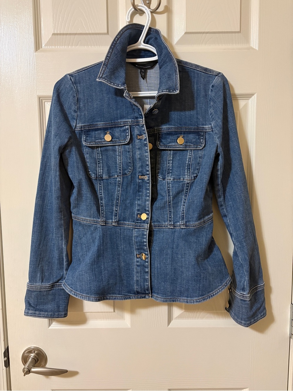 White House Black Market Blue Denim Jacket with Gold Buttons